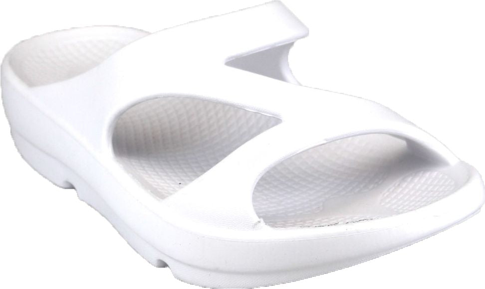 White slide sandal with two wide straps