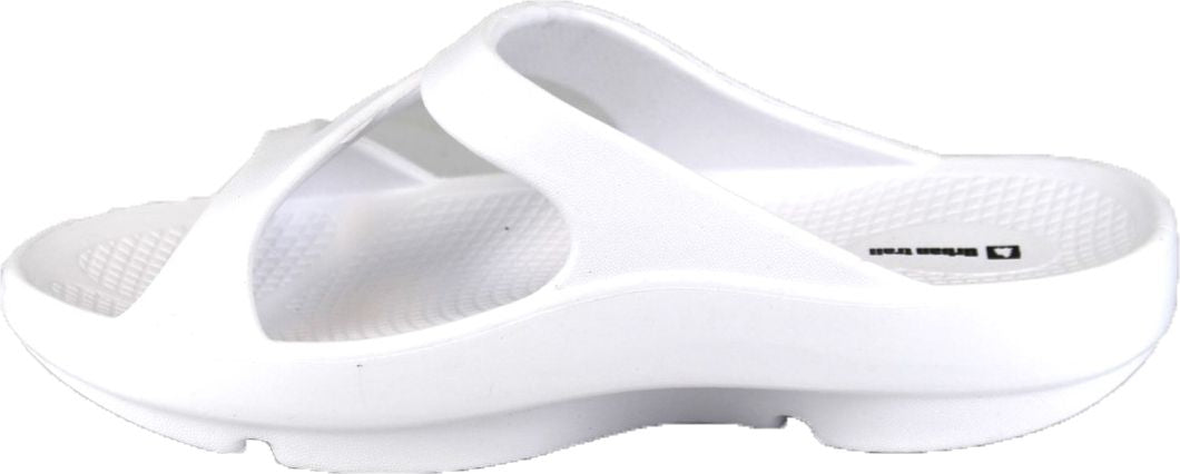 A white slip-on sandal with a thick sole and a single strap across the foot.