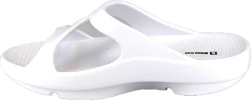 A white slip-on sandal with a thick sole and a single strap across the foot.