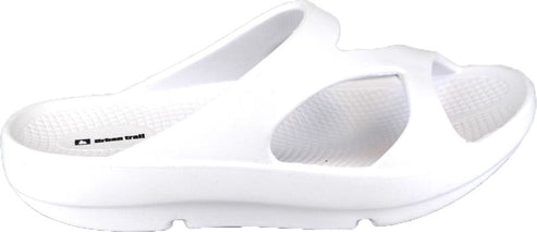 A white slip-on sandal with a thick sole and open heel, featuring a textured footbed and the text "urban trail" on the side.