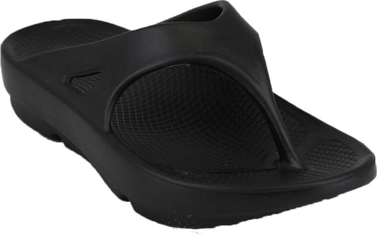 Black thong sandal with a thick sole.
