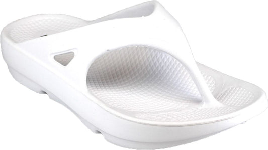White flip-flop sandal with textured footbed and toe post.