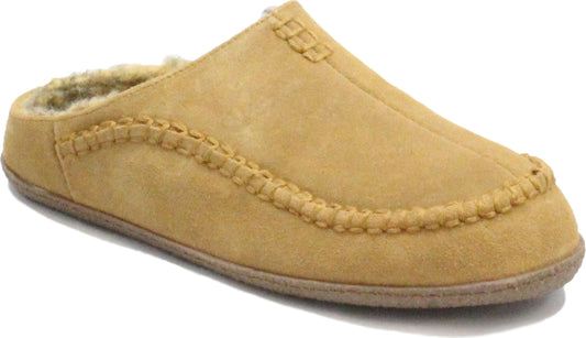 Tan suede slipper with faux fur lining and whip stitch detail