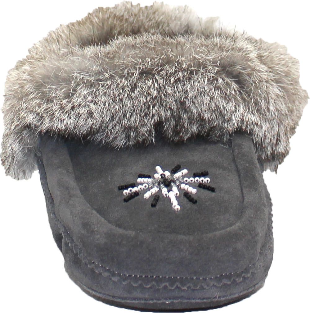 Beaded Mocc With Fur Trim Charcoal – Quarks Shoes