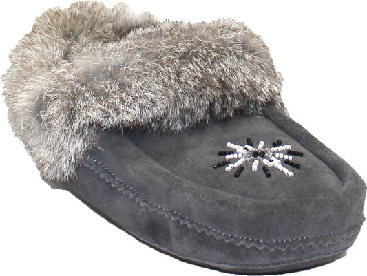 Urban Trail Slippers Beaded Mocc With Fur Trim Charcoal