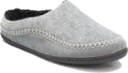 Gray felt slipper with a dark sole and faux fur lining.