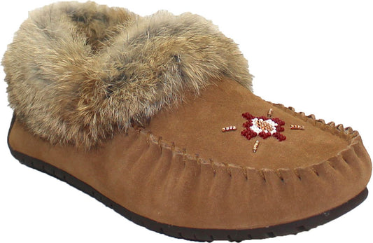 Brown suede moccasin slipper with fur trim and beaded flower design.