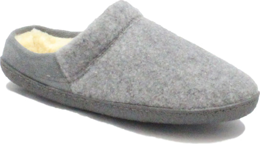 Grey felt slipper with faux fur lining and rubber sole.