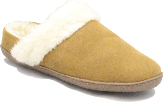 Tan-colored slipper with cream-colored fur trim.