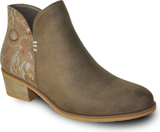 Tan ankle boot with floral embroidery on the back and stacked heel.