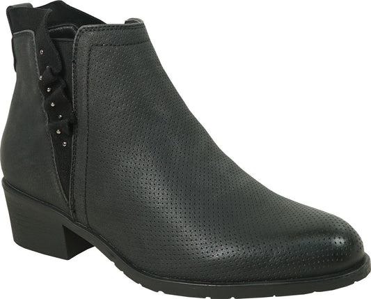 Black leather ankle boot with a low block heel and decorative perforated design.