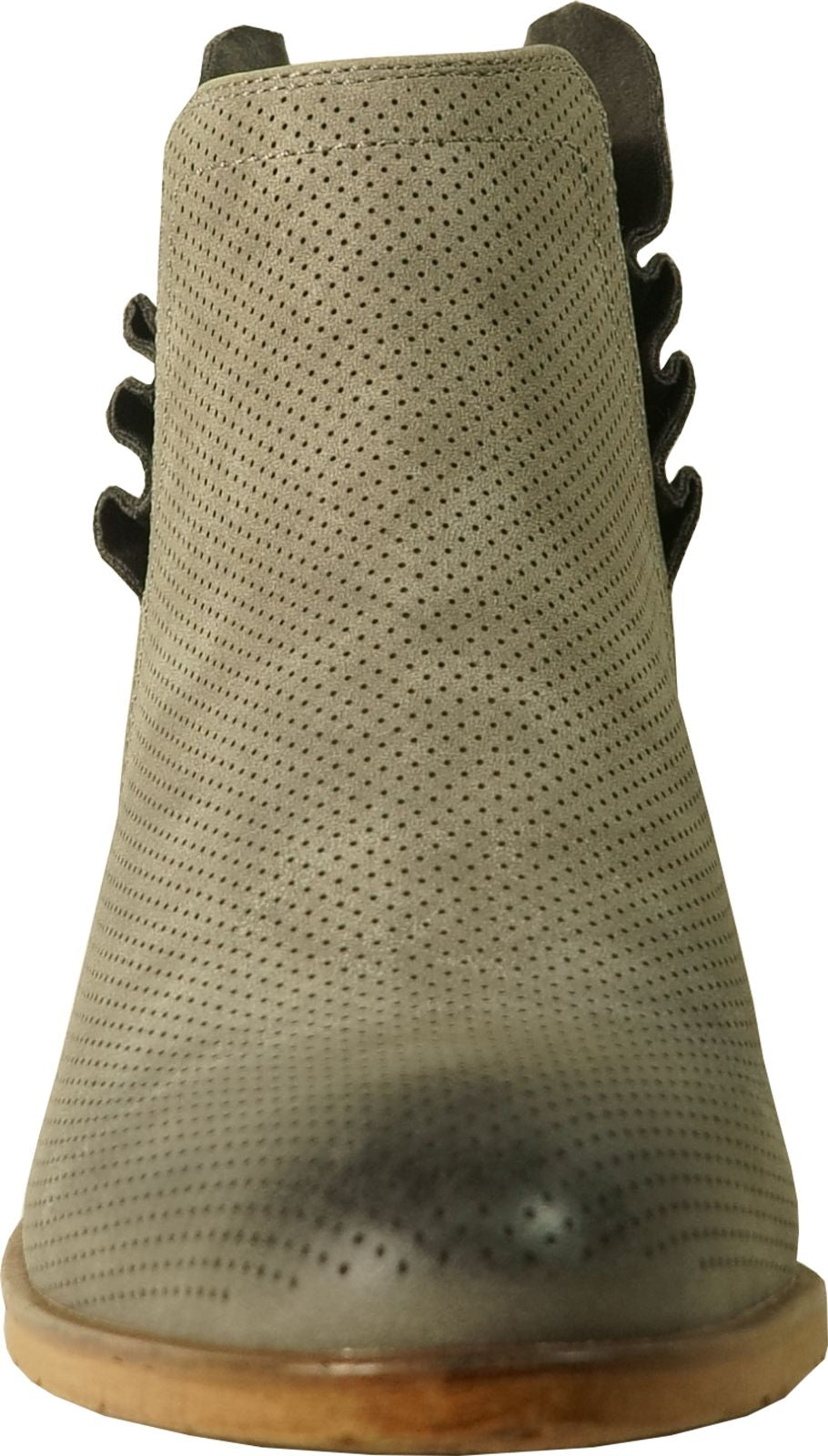 Front view of a light tan perforated leather ankle boot with brown trim and a stacked heel.