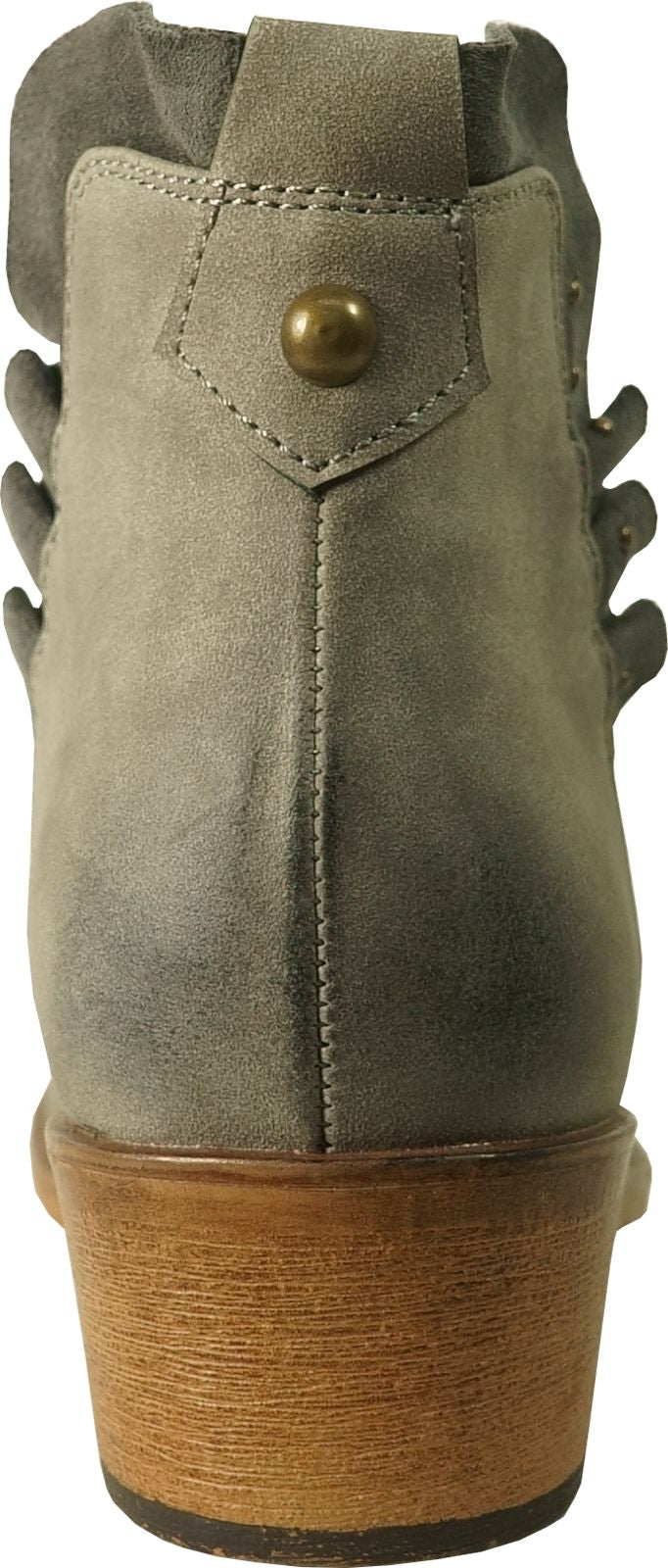Khaki suede ankle boot with a wooden heel.