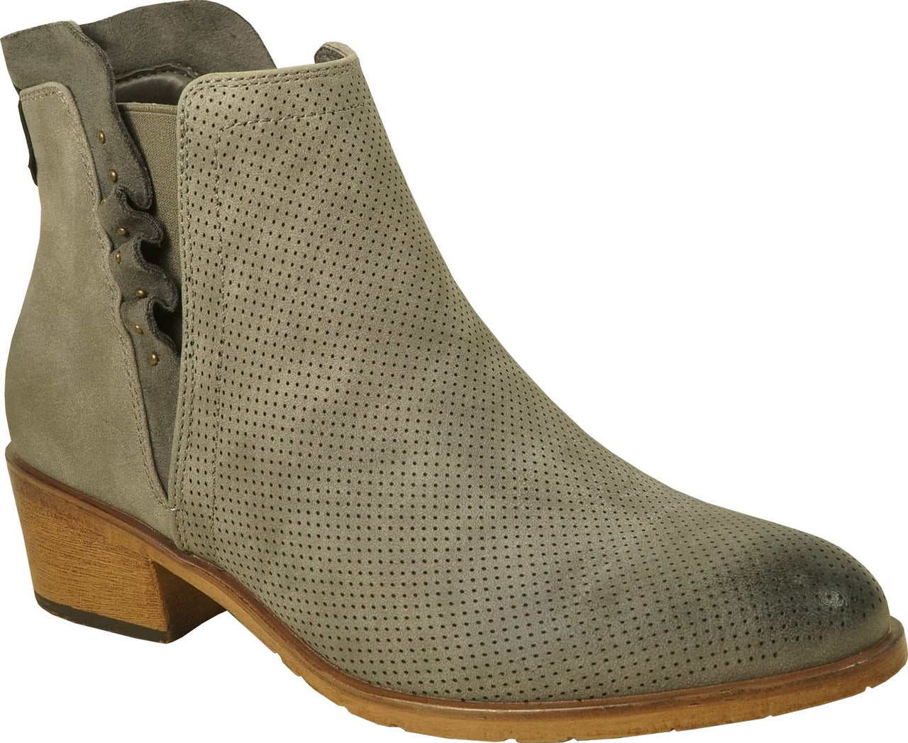 Taupe ankle boot with perforated design and a block heel.