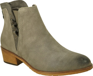 Taupe ankle boot with perforated design and a block heel.