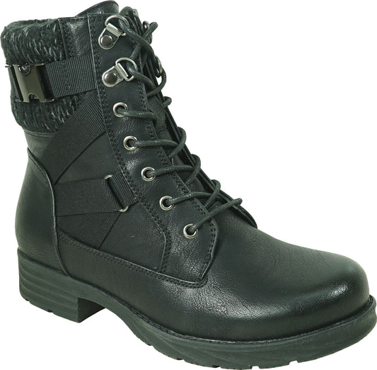 Black lace-up combat boot with decorative straps and buckle.