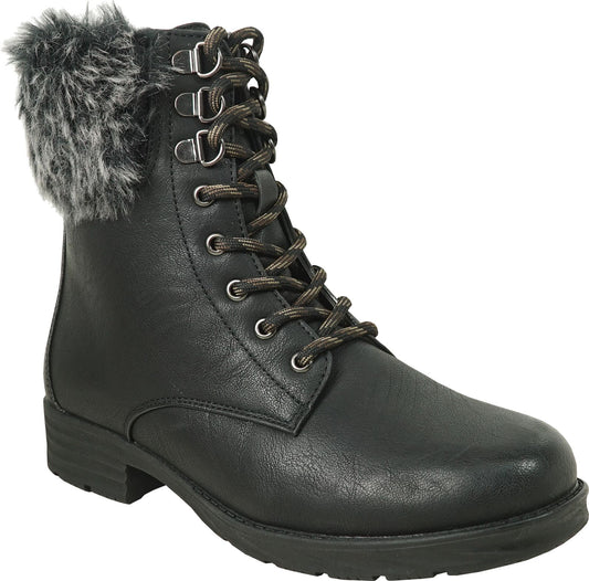 A black, faux-leather lace-up combat boot with faux fur trim.