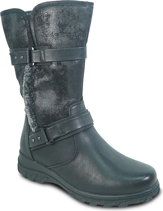 Black mid-calf boot with buckle straps and faux fur lining.