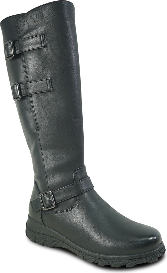 A grey knee-high boot with three buckle straps.