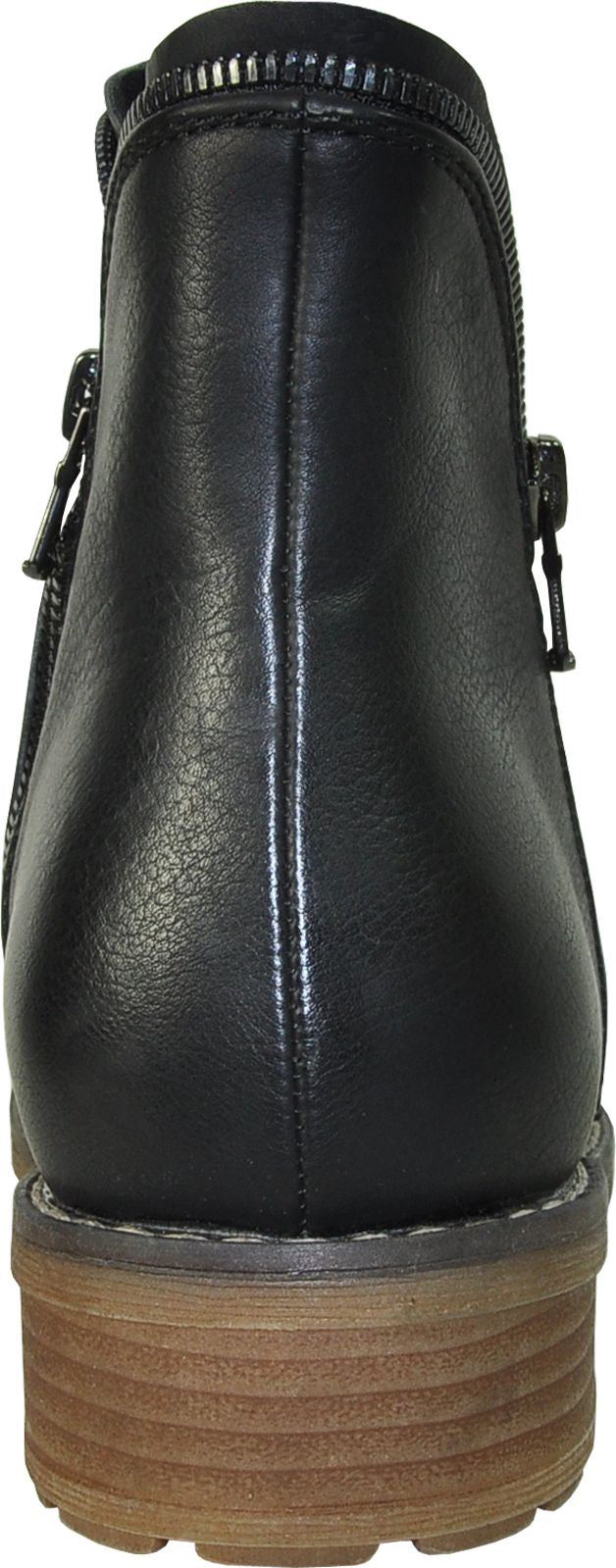 The back of a black ankle bootie with a stacked heel and zipper details.