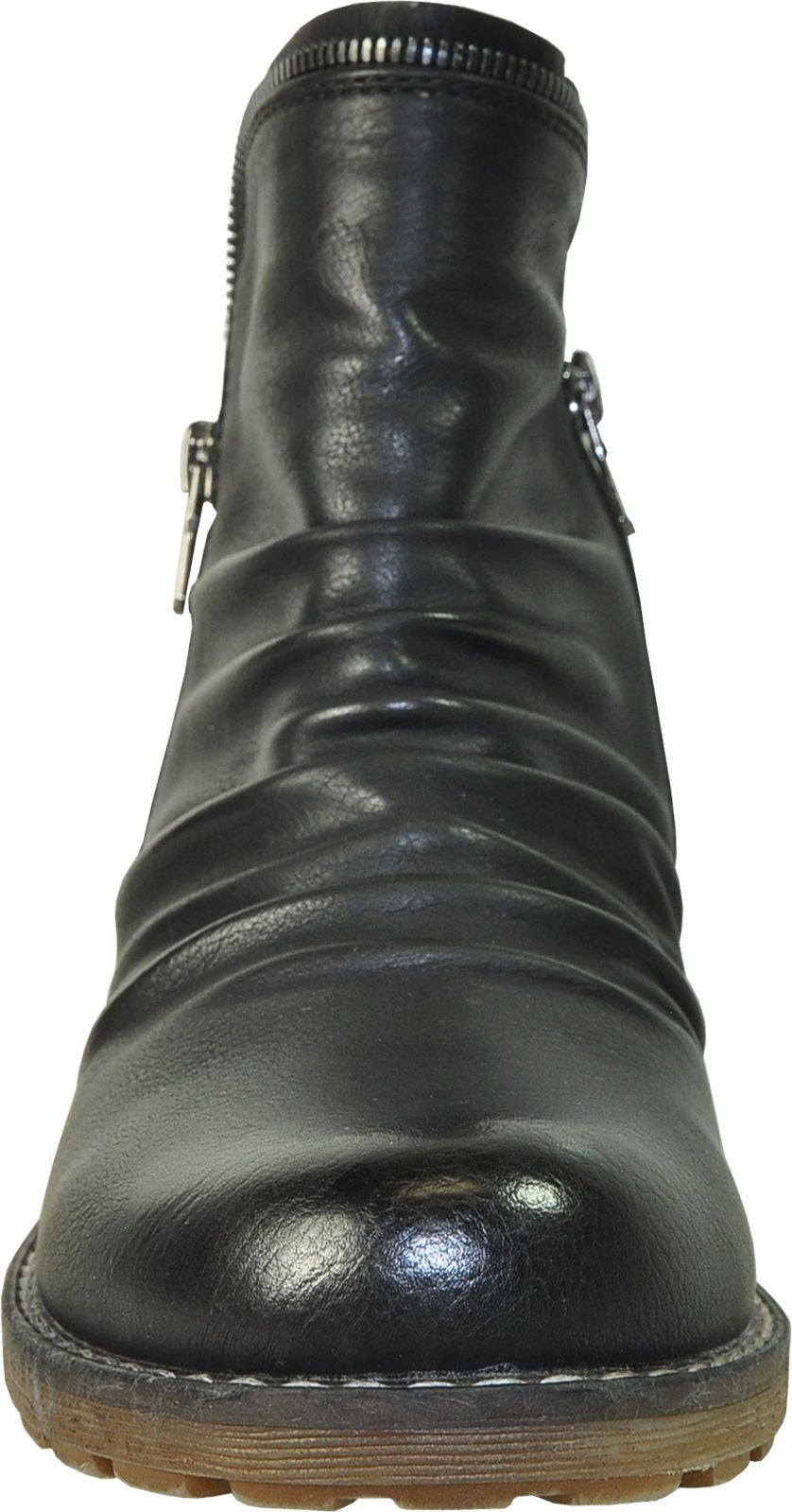 A black, ankle-high boot with a side zipper, and a rubber sole.