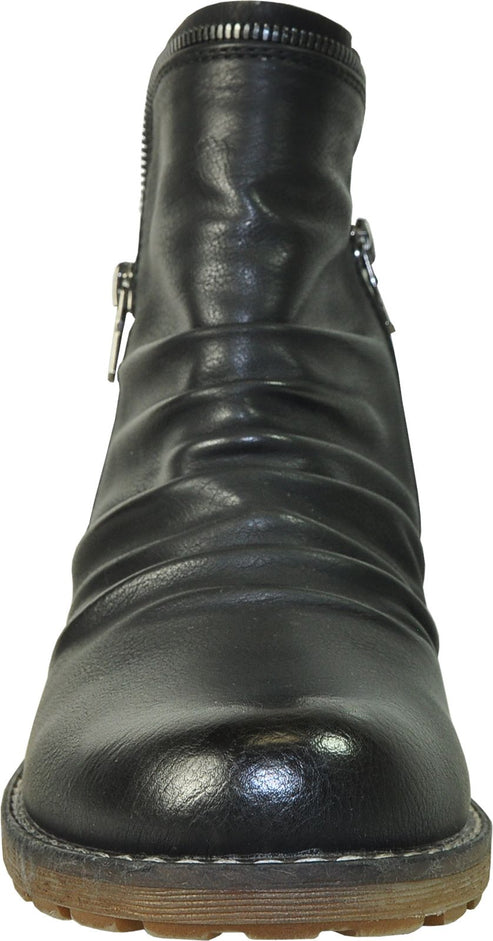 A black, ankle-high boot with a side zipper, and a rubber sole.