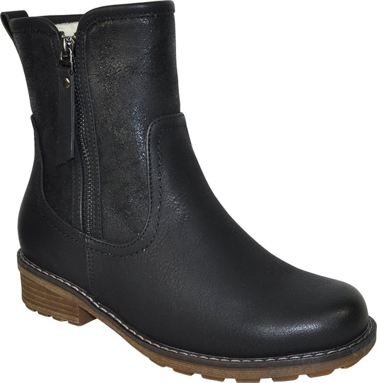 Black ankle boot with side zipper and low heel.