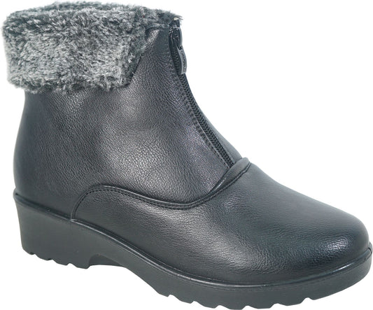 Black ankle boot with zipper and gray faux fur trim