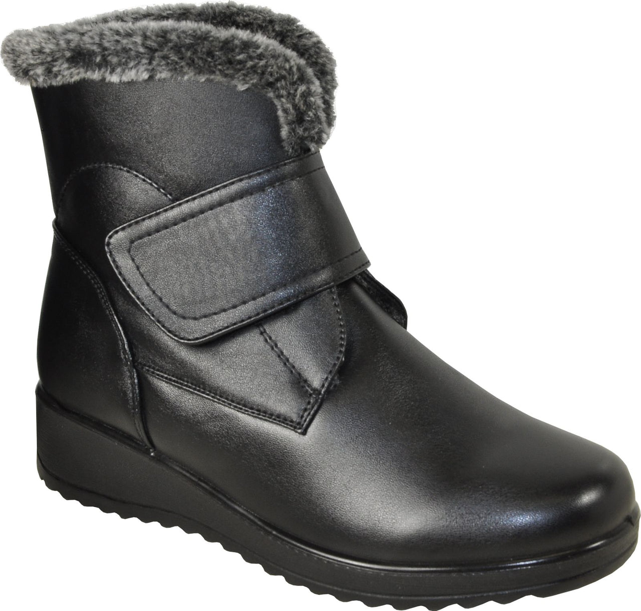 Black ankle boot with a hook-and-loop strap and faux fur trim.