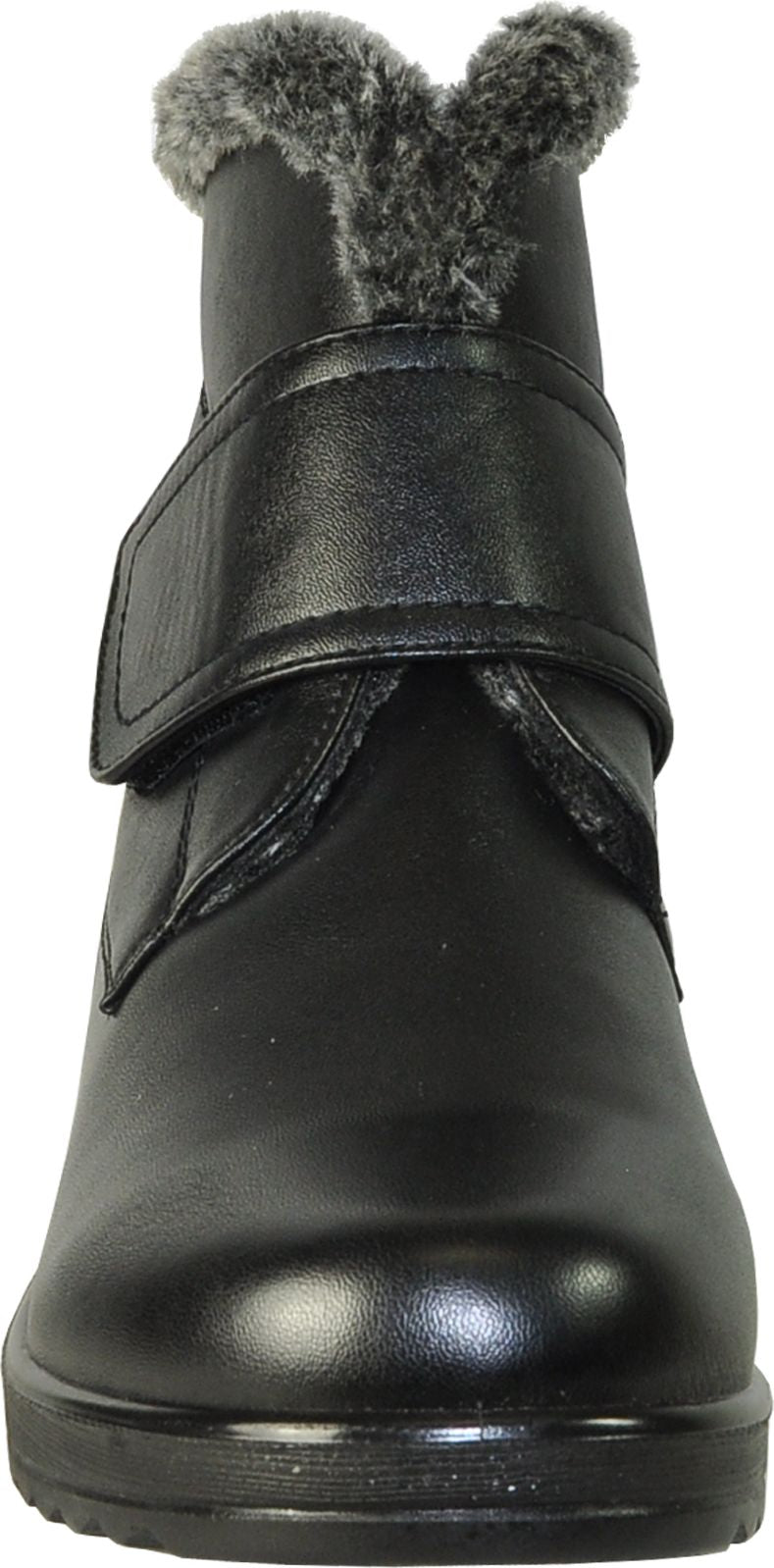 Black ankle boot with fur trim and velcro strap.