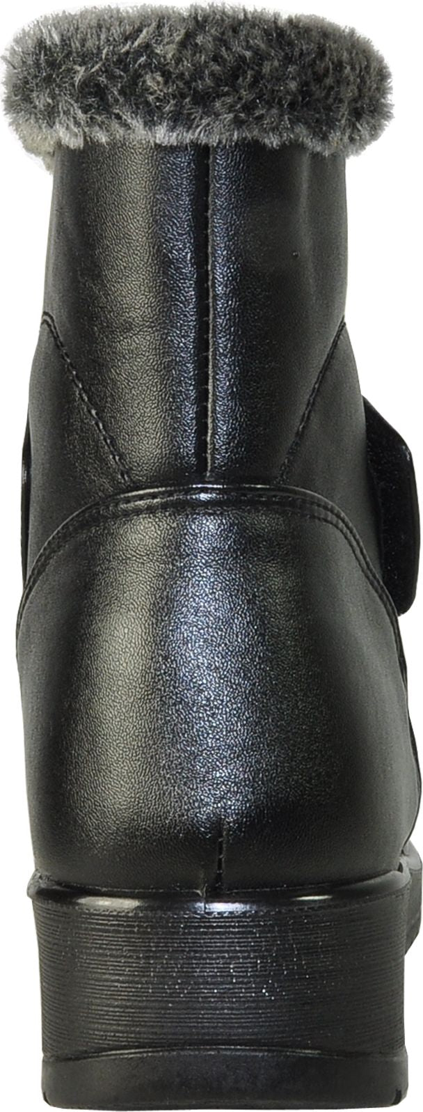 Back view of a black boot with gray faux fur trim.