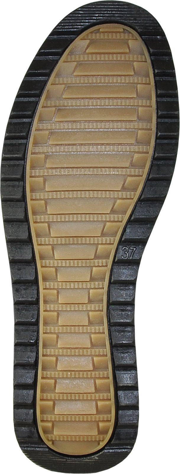 A shoe sole featuring a brown tread pattern framed by a black, lugged outer edge.