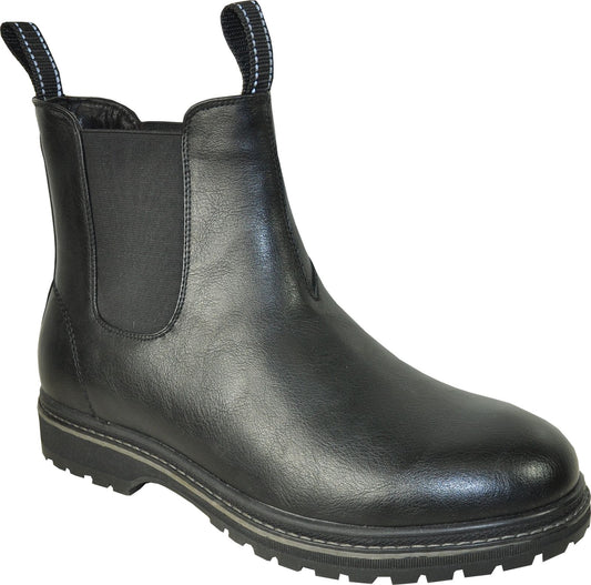 Black Chelsea boot with elastic side panels and ridged sole.
