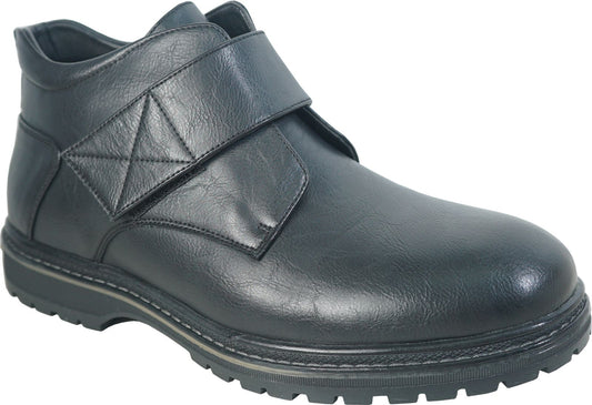 Black leather ankle boot with velcro strap closure and ridged sole.