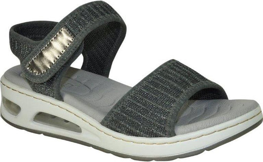 A gray sandal with hook-and-loop fastener on the ankle strap.