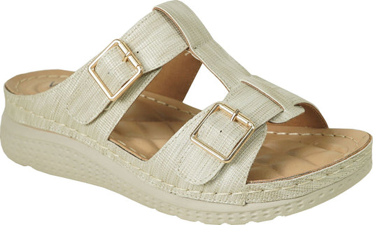Beige sandal with two adjustable straps and gold buckles.