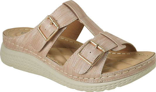 Light brown platform sandal with two buckle straps.