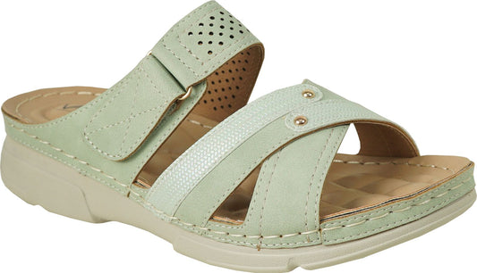 Light green sandal with adjustable velcro strap and beige sole.