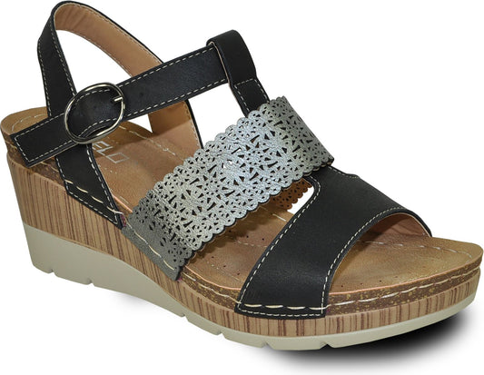 Black wedge sandal with silver laser-cut strap and ankle strap with buckle.