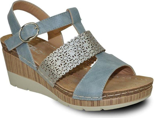 Blue wedge sandal with patterned metallic strap and adjustable ankle strap.