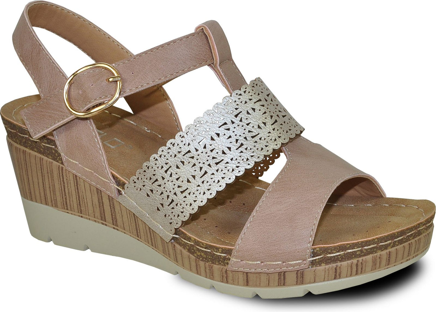 Wedge sandal with a blush strap, decorative cut-out strap, buckle closure, and platform.