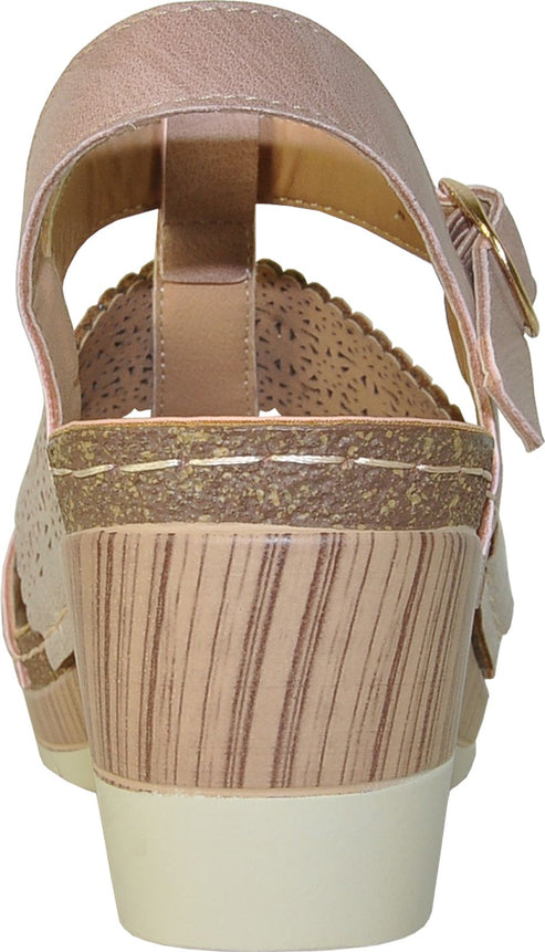 back of pink and beige platform sandal with ankle strap and textured heel