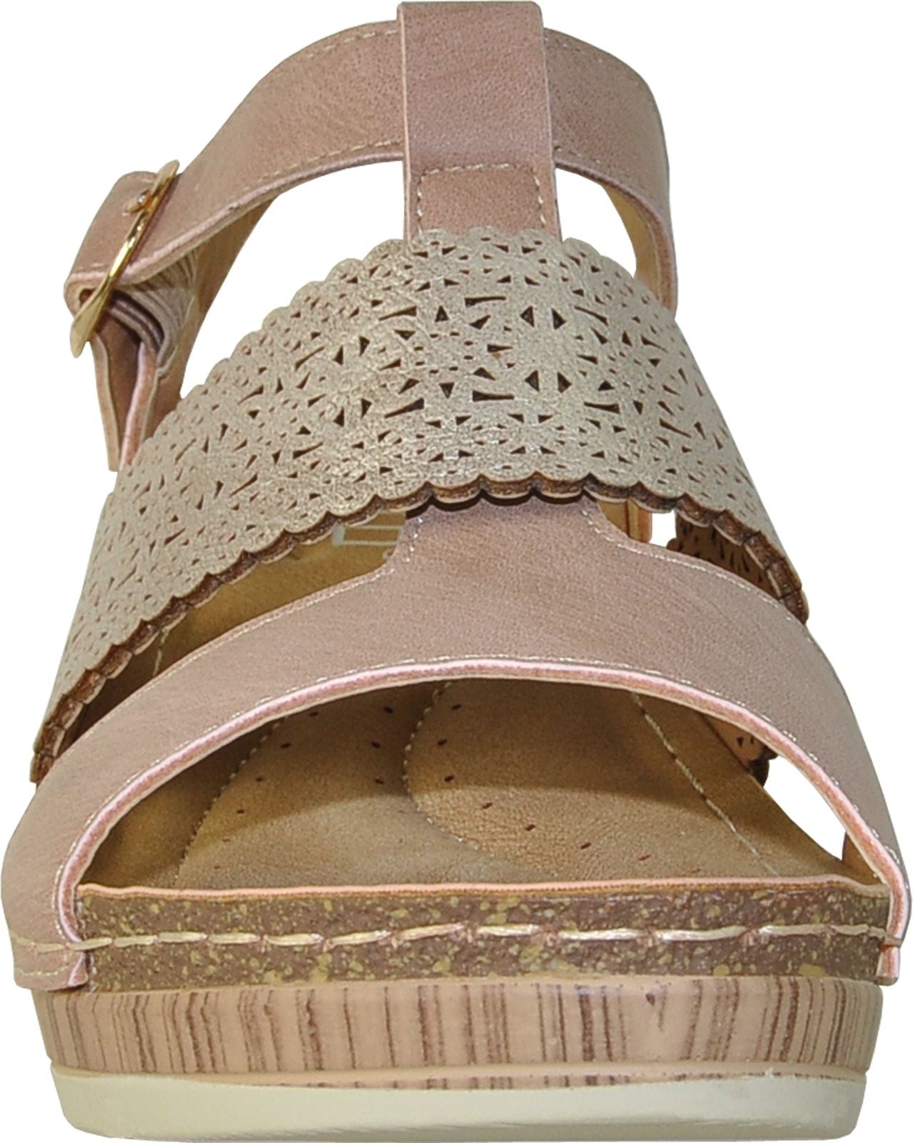 Tan wedge sandal with t-strap and laser-cut floral design.