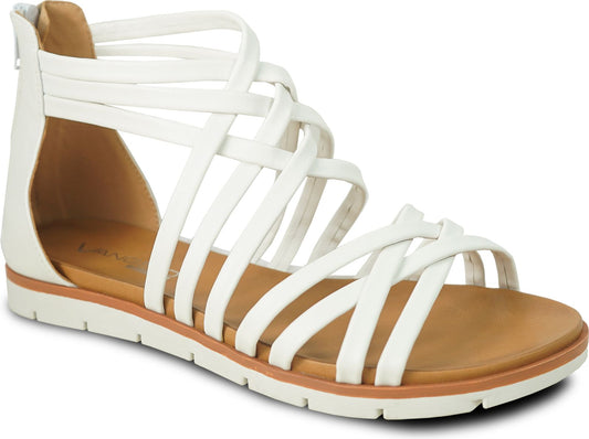 White strappy gladiator sandal with zipper on the back.