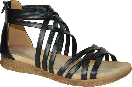 Black strappy sandal with back zipper and flat sole.