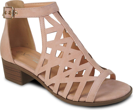 Light pink heeled sandal with geometric cutout design and ankle strap.