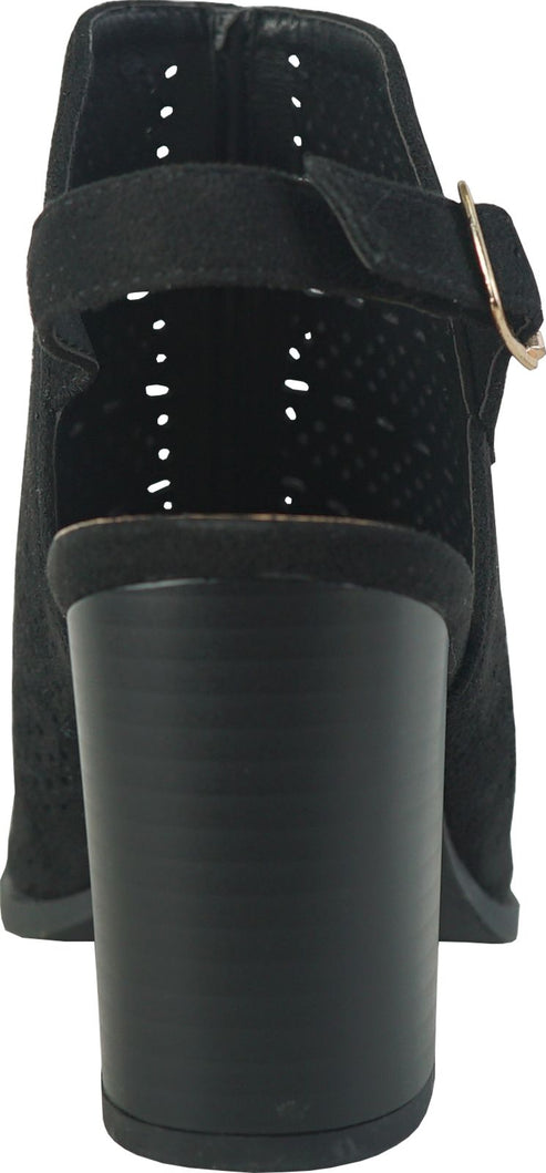 A black suede heeled boot with a buckle.