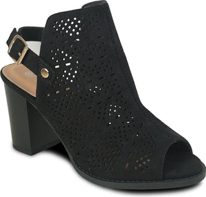Black peep-toe heeled sandal with cut-out design and ankle strap.
