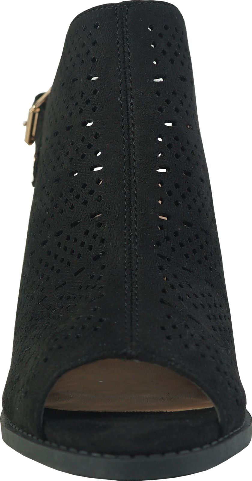 Black peep-toe heeled sandal with laser cutouts and side buckle closure.