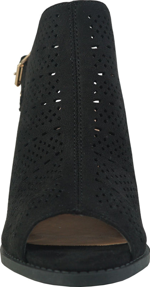 Black peep-toe heeled sandal with laser cutouts and side buckle closure.